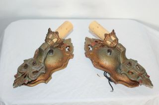 Antique Pair Art Deco Wall Sconce Lighting Fixtures Gothic Medieval Style Metal