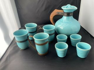 Vintage Mcm Catalina Gladding Mcbean Blue Ceramic Coffee Carafe And Cups