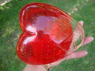Antique Vtg Murano Hand Blown Form Heart Vase Controlled Bubble Art Glass