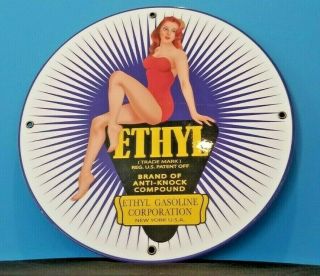 Vintage Ethyl Gas Pin Up Girl Porcelain Gasoline & Oil Service Station Pump Sign