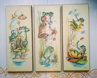 Vintage 1970s Frog Mushroom Pictures Lily Pad Bath Vanity 3 Piece Set 15 " X 6 "
