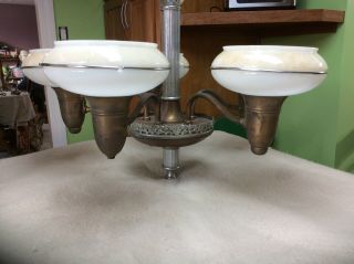Vintage Art Deco Hanging Ceiling Fixture w 5 Glass Shades Brass 2