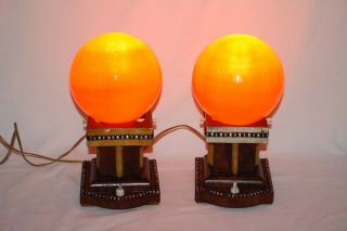 Mid Century - Art Deco - Vintage - Pair - Desk Table Lamp - Wood - Mother Pearl - Hand Made