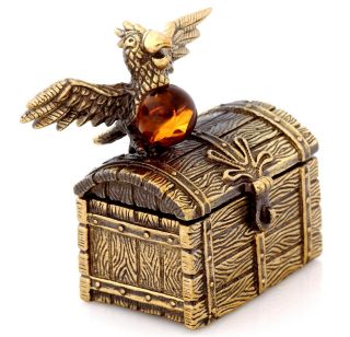 Parrot Bird Brass Figurine Treasure Chest Baltic Amber Russian Souvenir 1 5/8 "