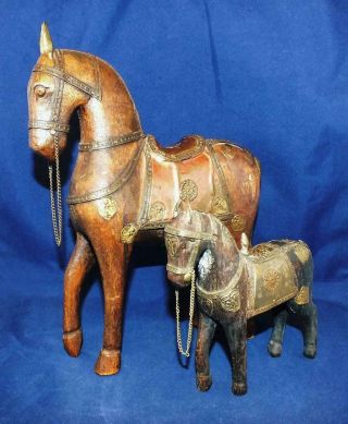 2 Vintage Carved Wood Horses,  Copper & Brass,  India,  10 1/2” & 6”