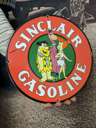 Vintage Old Sinclair Gasoline & Motor Oil Porcelain Gas Pump Sign Flintstones