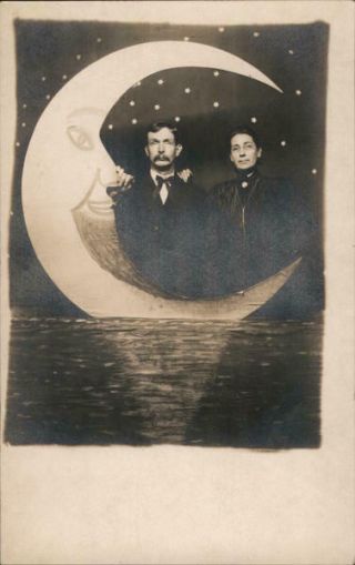 Rppc Paper Moon Couple Posing On Water With Crescent Moon Real Photo Post Card