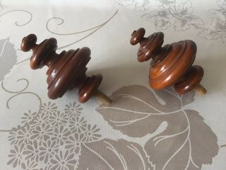 Pair Antique French Turned Wood Post Finial End Salvaged