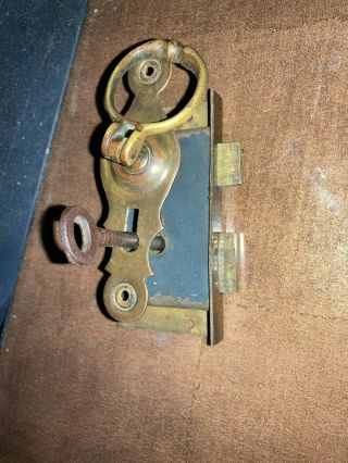 Vintage Small Cabinet Lock And Key Old Antique Rare Latch And Brass Handle