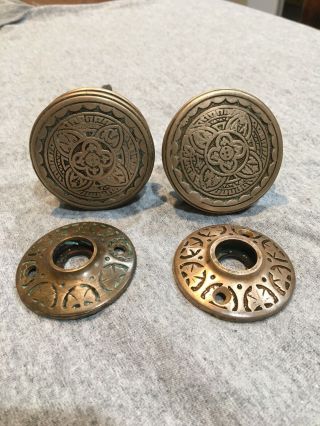 1 Door Knob Pair Set - 2 Knobs 2 Rose Plates Antique Victorian Brass Bronze 1885