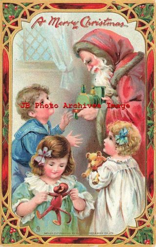 Christmas,  Tuck No 512,  Bowley,  Santa Handing A Toy Train To A Boy