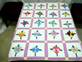 Vintage Handmade Bright Multi - Colored Applique & Embroidered Quilt