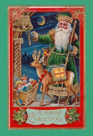 1911 Christmas Gel Postcard Santa Claus Green Coat Bell Deer Toys Moon Stars
