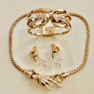 Vtg Trifari Pave Rhinestone Comet Grande Parure Necklace Bracelet Earrings Set