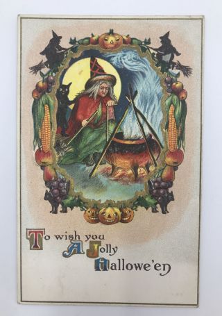 Antique Halloween Embossed Postcard Witch & Cauldron - A Jolly Hallowe 