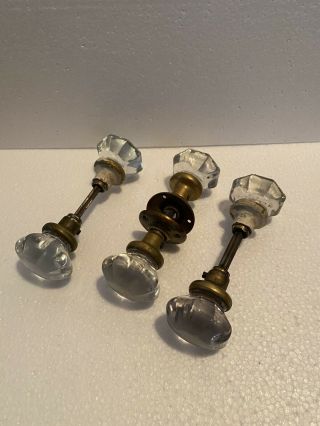 3 Vintage Antique Glass Crystal Round Door Knobs W/ Spindles Brass