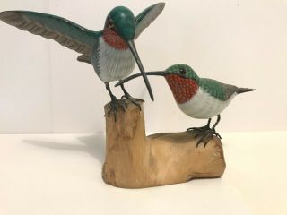 Two Hand Carved Wood Hummingbirds On Limb Sculpture Figurines