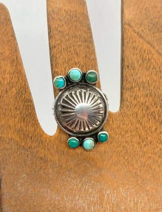 Vintage Navajo Fred Harvey Sterling Silver Turquoise Concho Ring 6.  25