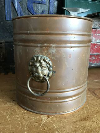 Bd1 Vintage Copper And Brass 2 Handled Jardiniere/planter/plant Pot? Lion Detail