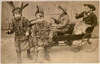 Real Photo Rppc Children Play Wearing Cowboy & Indian Costumes W Toy Car & Guns