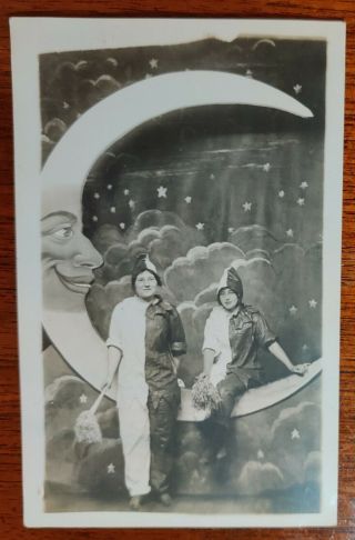 Rppc Photo Women Sitting On Prop Paper Moon / Stars Azo,  Antique 1910s