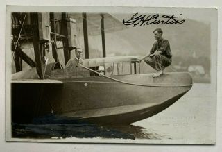 1914 Rppc Postcard Glenn Curtiss Pioneer Aviator On Flying Boat Plane Hm Benner