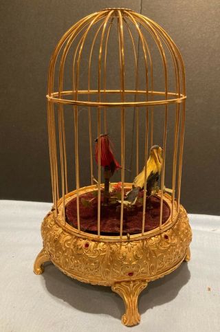 Vintage - West German Singing Birds In Jeweled Brass Cage