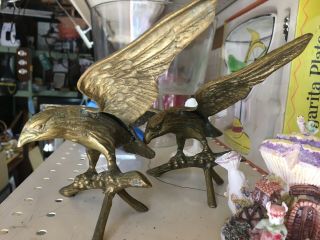 Set Of 2,  11” Vintage Solid Brass American Eagles Stretched Wings On Tree Branch