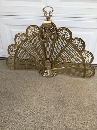 Vintage Ornate Brass Peacock Fireplace Fan Folding Screen Cameo Art Deco