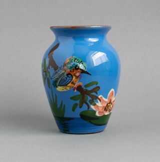 Rare Vintage Torquay Devon Ware Embossed Pottery Kingfisher Bird Vase - 1930s