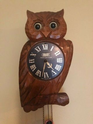 Vintage Tezuka Poppo Occupied Japan Wood Owl Moving Eyes Wall Clock
