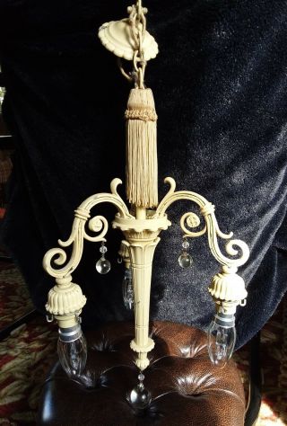 French Vintage Shabby Chic Cream Painted Metal,  Fringe & Glass Drops Chandelier