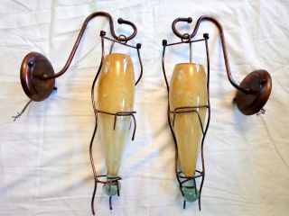 2 X Vintage Copper Framed Swan Neck Wall Light / Sconce.  Hand Blown Glass Shade