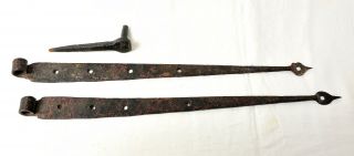 Antique Hand Forged Iron Door Strap Hinges 22” Long X 1.  5 (@ Hinge End) In Pair
