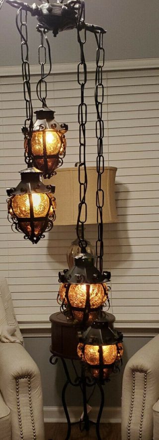 Vintage Spanish Revival Style Wrought Iron Amber Crackle Glass Hanging Lamp
