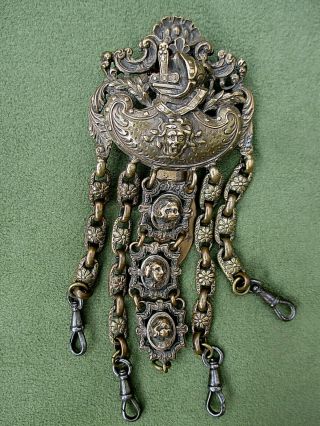 Antique Victorian Chatelaine,  Heavy Brass With Patina & Great Detail,