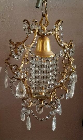 Antique Petite Brass Chandelier With Prisms - Swags Of Prisms14 " - 1 Center Bulb