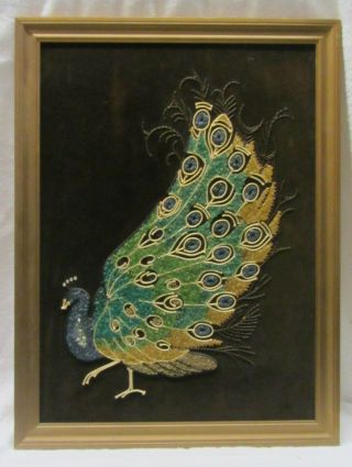 Vintage Mid Century Modern Framed Gravel Art On Black Velvet Peacock 27 " X 20 "