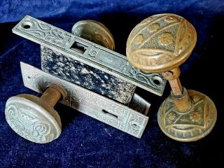 Antique Mortise Lock Set W Extra Pair Brass Door Knobs Art Deco