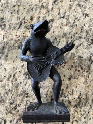 Vintage Cast Iron Frog Playing Guitar Yard Art,  Nicknack Minor Damage Very Heavy