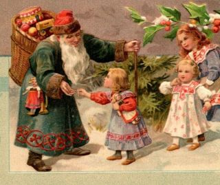 C 1912 Green Coat Santa St Nick Large Toy Basket Victorian Children Postcard