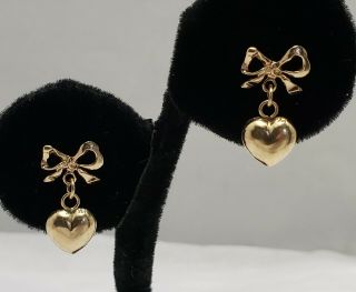 Antique Vintage Solid 14k Yellow Gold Bow & Puffed Heart Drop Dangle Earrings