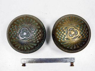 1890 Ornate Cast Bronze Doorknobs On Spindle Patina By Mallory Wheeler