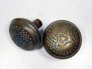 1890 Ornate Cast Bronze Doorknobs on Spindle Patina by Mallory Wheeler 3