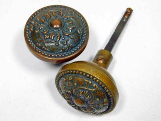1900 Ornate Cast Bronze Doorknobs On Spindle Patina By Sargent & Co.