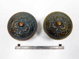1900 Ornate Cast Bronze Doorknobs on Spindle Patina by Sargent & Co. 2