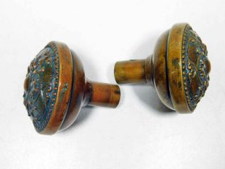 1900 Ornate Cast Bronze Doorknobs on Spindle Patina by Sargent & Co. 3