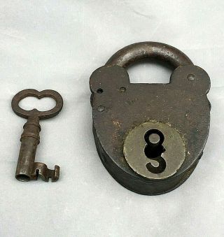 Large Antique 19th Century Iron Heart Shaped Padlock With Ornate Key