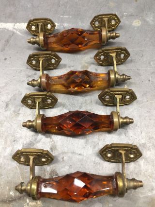 4 Victorian Antique Vintage Brass & Amber Cut Crystal Glass Drawer Pull Handles