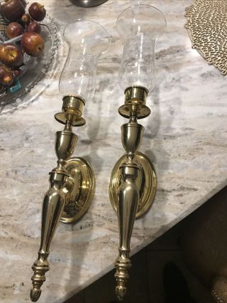 Vintage Pair Solid Brass Wall Sconces Candle Holders 22 In Etched Glass Shades